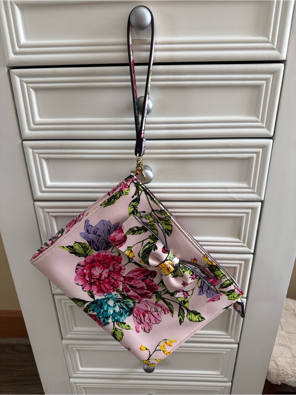 Betsey Johnson Pink Floral Wristlet Clutch with Bow Accent